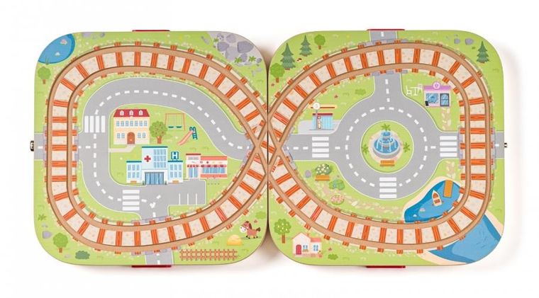 Woodyland, drewniana kolejka z miastem, walizka, 55 elementów