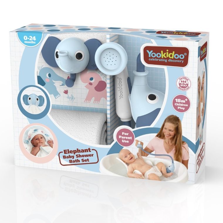 Yookidoo, zestaw kąpielowy: Prysznic słonik, niebieski + okrycie kąpielowe