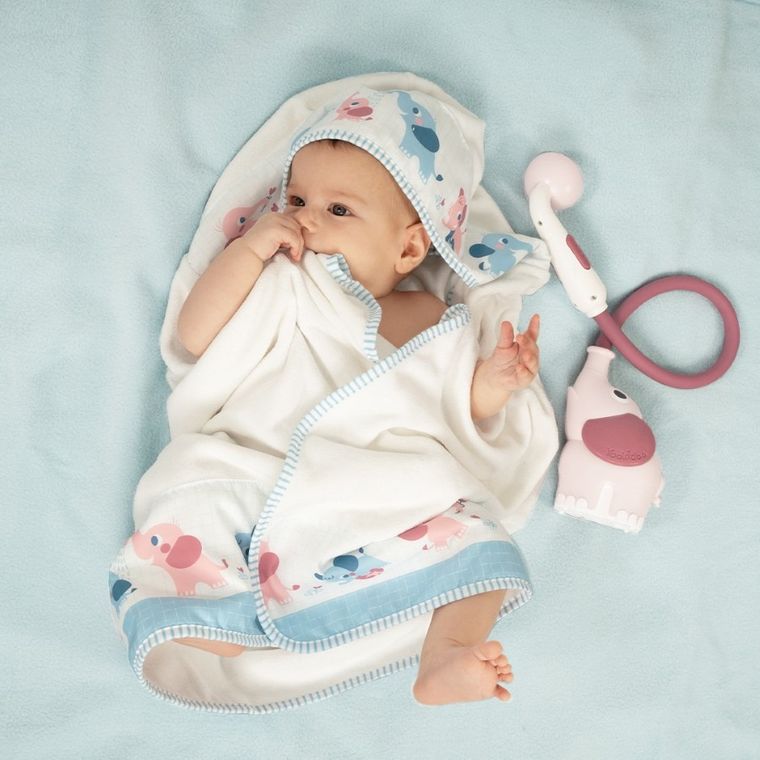 Yookidoo, zestaw kąpielowy: Prysznic słonik, różowy + okrycie kąpielowe