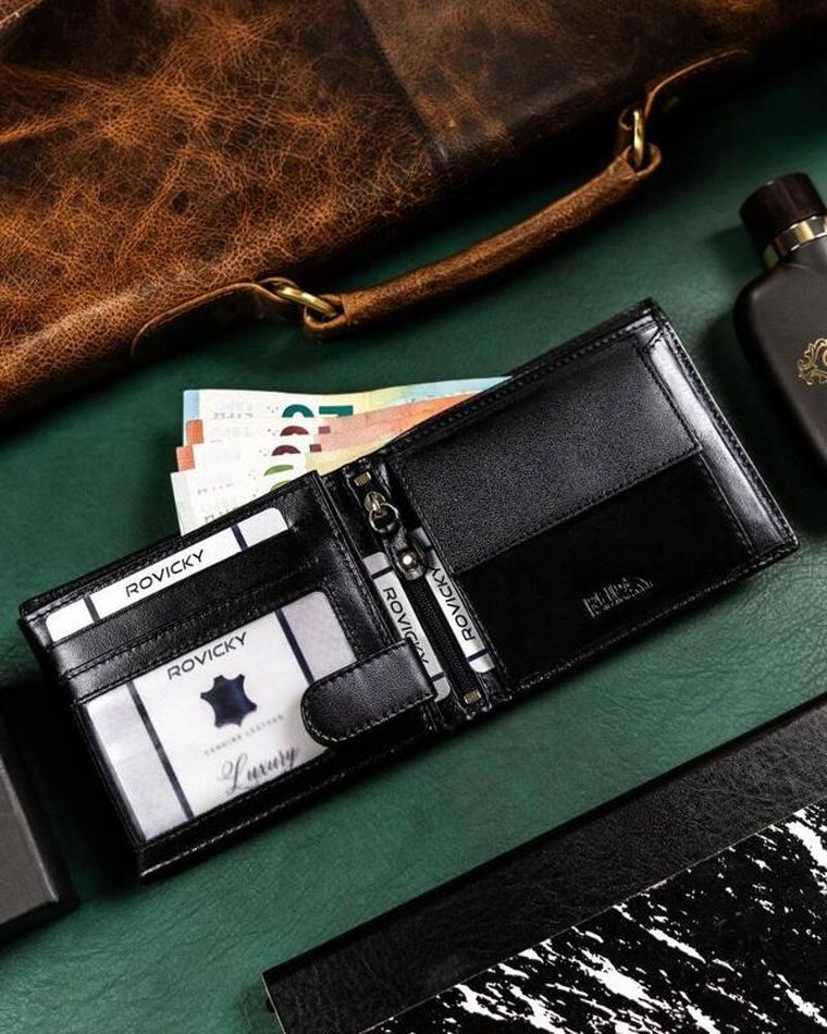 Zestaw: Portfel, Brelok, czarny, skórzany, RFID, Rovicky