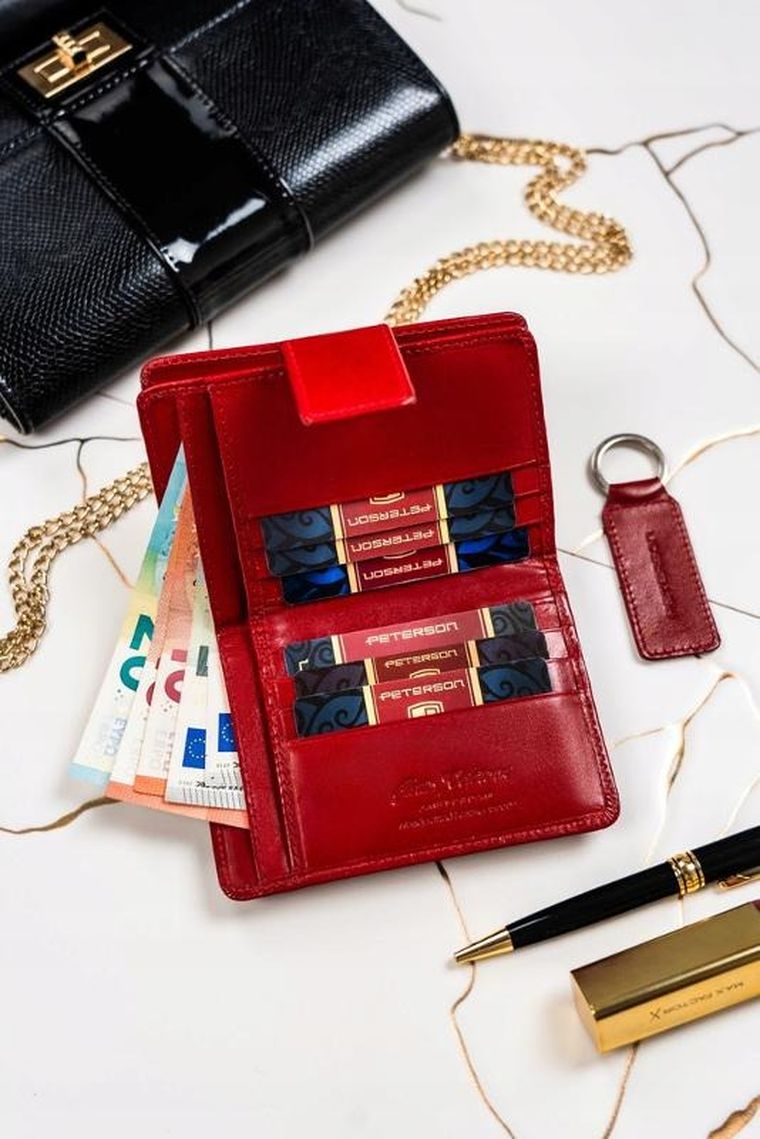 Zestaw: Portfel, Brelok, czerwony, skórzany, RFID, Peterson