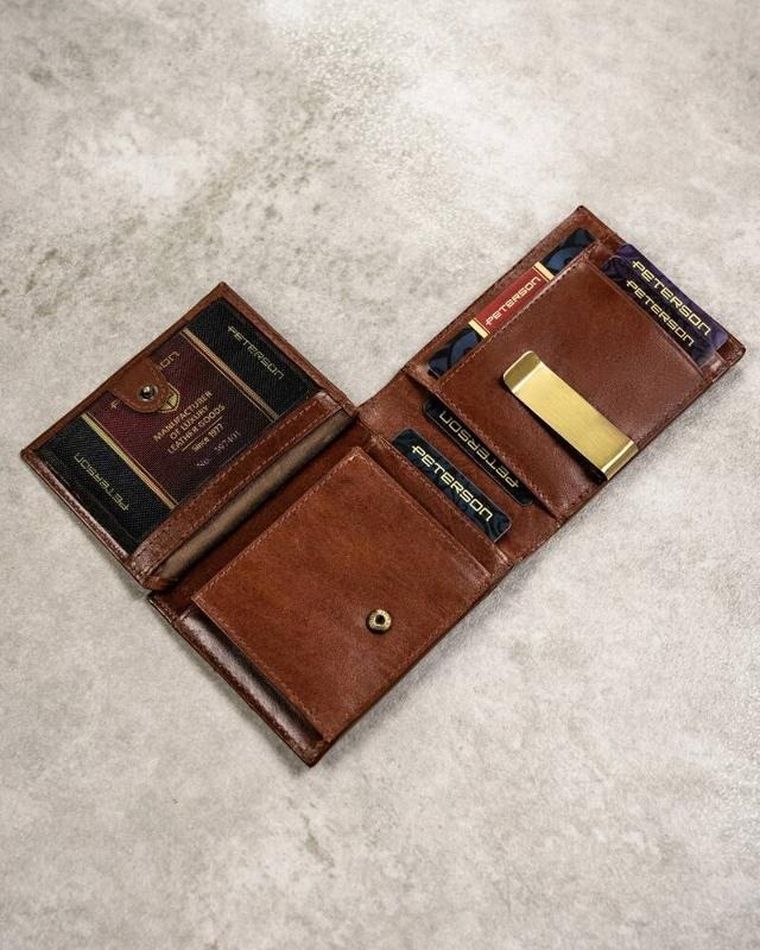 Zestaw: Portfel, Etui na karty, Brelok, brązowy, skórzany, RFID, Peterson
