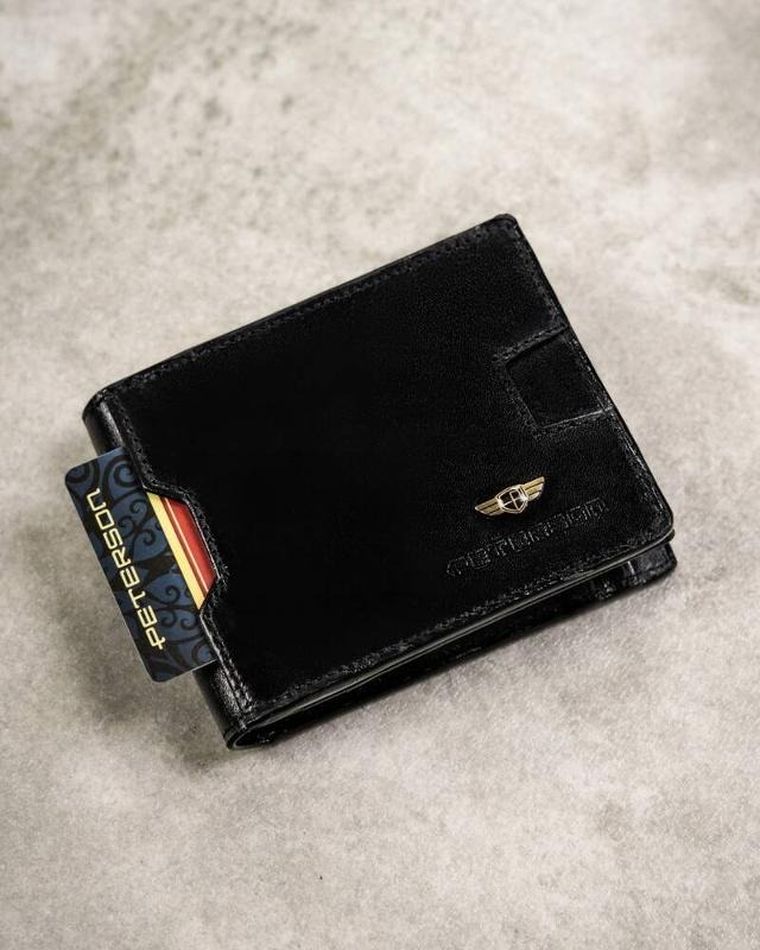 Zestaw: Portfel, Etui na karty, Brelok, czarny, skórzany, RFID, Peterson