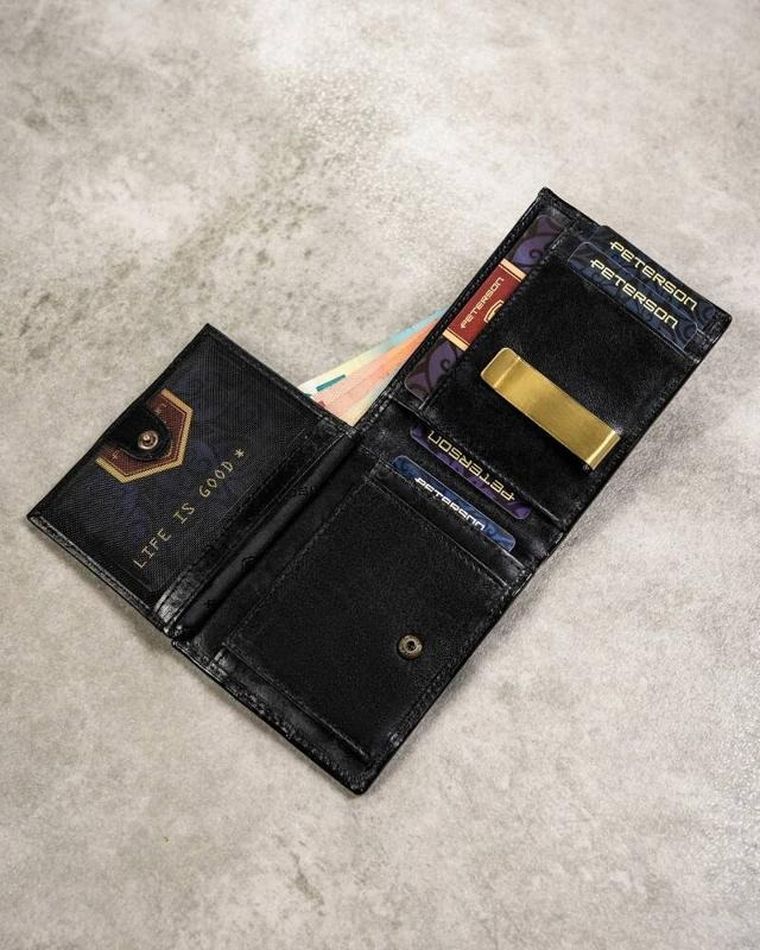 Zestaw: Portfel, Etui na karty, Brelok, czarny, skórzany, RFID, Peterson