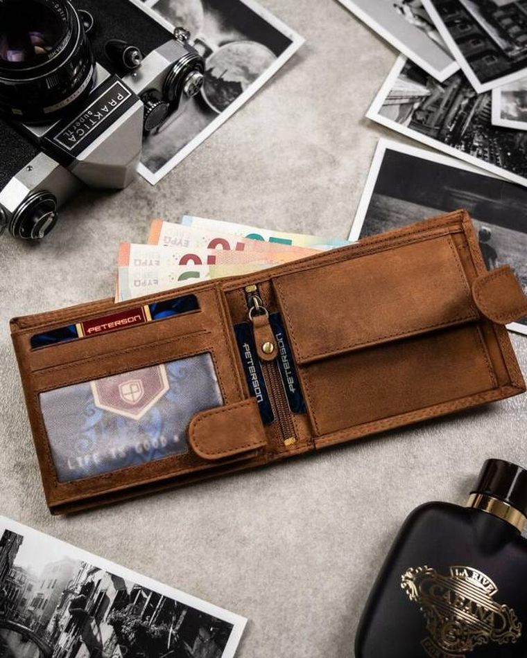 Zestaw prezentowy: Portfel, Brelok, brązowy, skórzany, RFID, Peterson