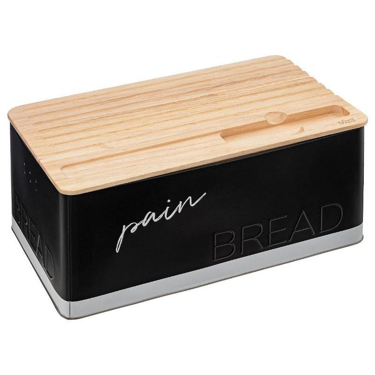 5five Simply Smart, czarny chlebak z deską do krojenia i z nożem z ząbkami, 32.7-20.2-14.5 cm