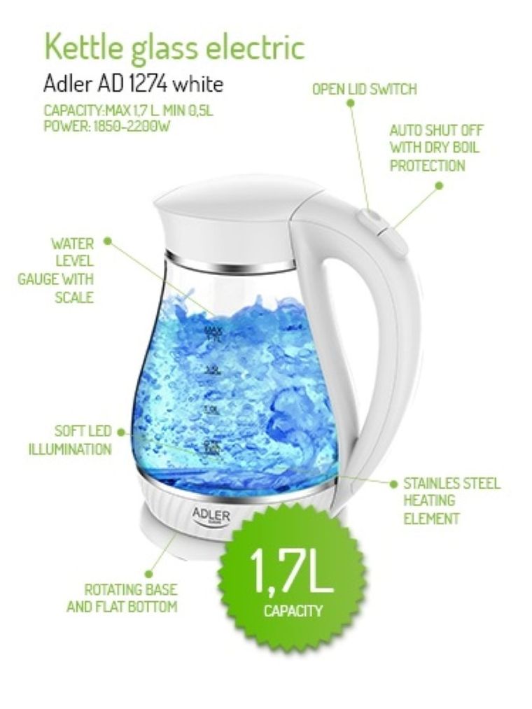 Adler, czajnik elektryczny, biały, 2200W, 1.7l, AD 1274