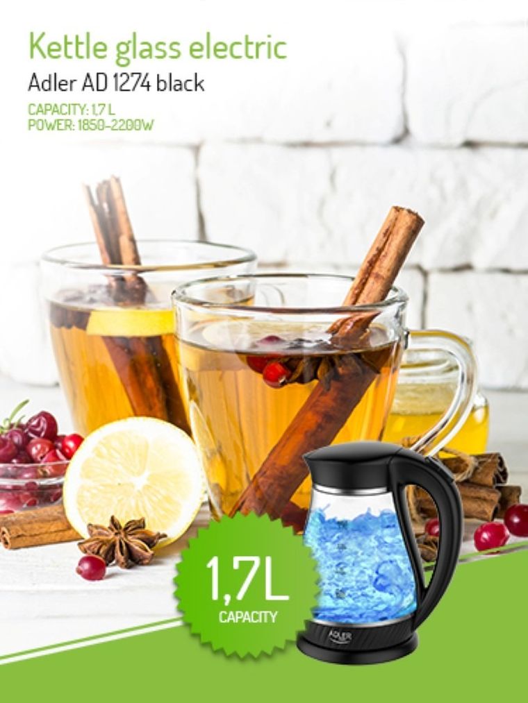 Adler, czajnik elektryczny, czarny, 2200W, 1.7l, AD 1274