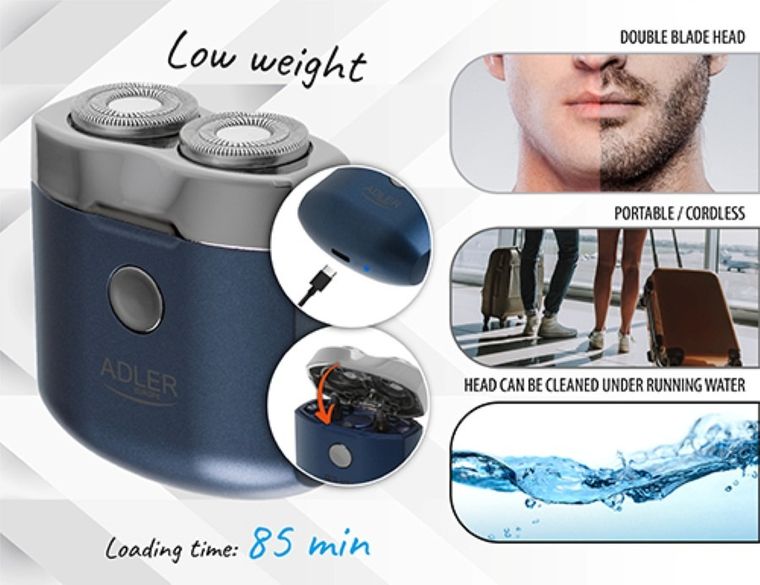 Adler, golarka podróżna 2 głowicowa z USB, AD 2937