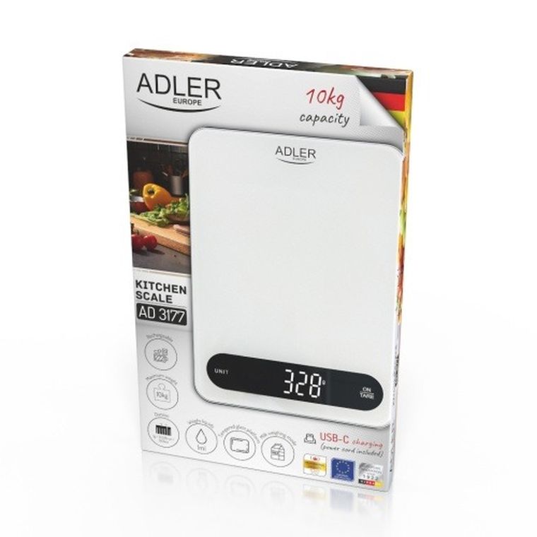 Adler, waga kuchenna, 10 kg, ładowalna przez USB-C, dokładność 1g