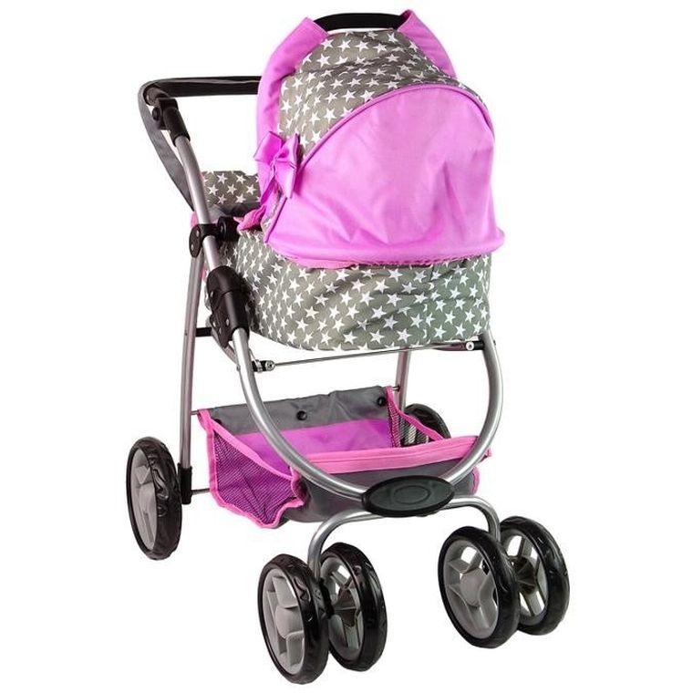Alice, wózek dla lalek 2w1, spacerówka gondola, torba, gwiazdki, różowy