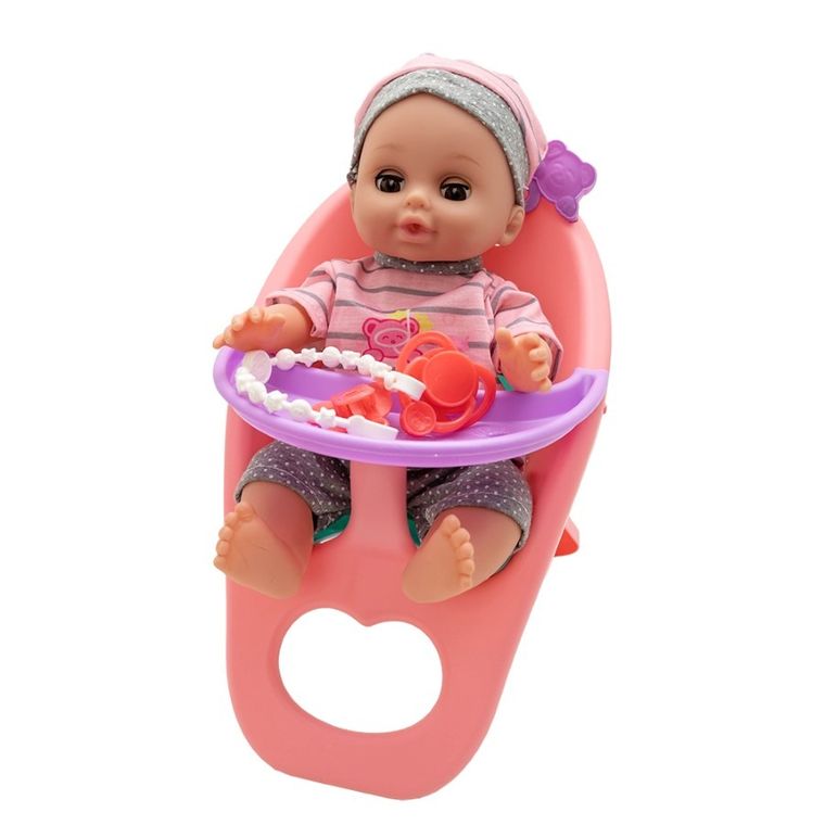 Askato, lalka z krzesełkiem do karmienia, szaro-różowe ubranko