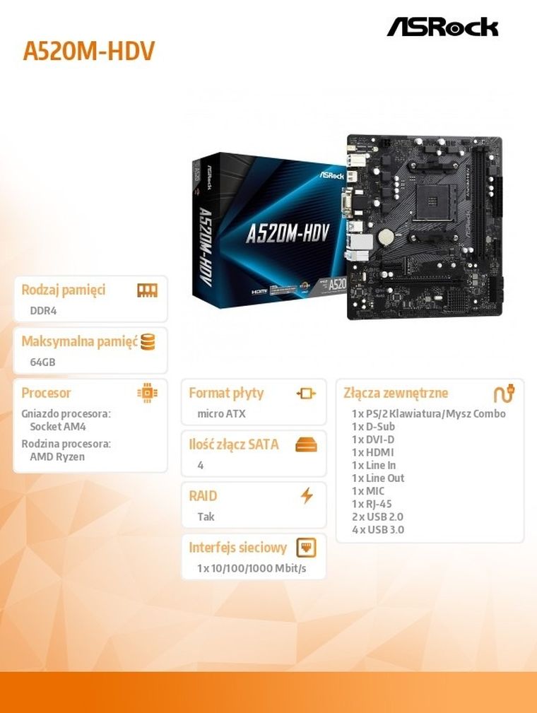 Asrock, płyta główna, A520M-HDV AM4 2DDR4 HDMI/DVI/VGA M.2 mATX
