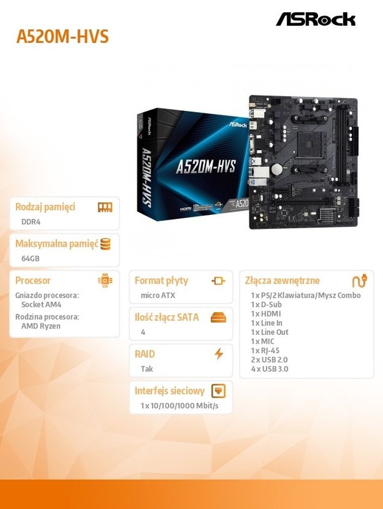 Asrock, płyta główna, A520M-HVS AM4 2DDR4 HDMI/VGA M.2 mATX
