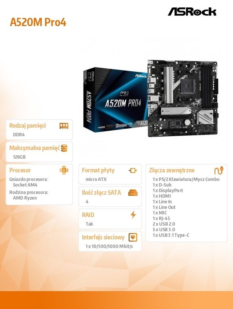Asrock, płyta główna, A520M Pro4 AM4 4DDR4 HDMI/DP/VGA M.2 mATX