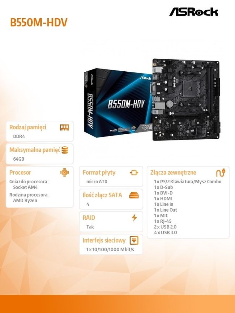 Asrock, płyta główna, B550M-HDV AM4 2DDR4 HDMI/DVI/D-SUB M.2 mATX