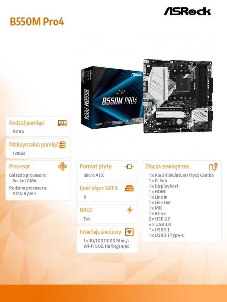 Asrock, płyta główna, B550M Pro4 AM4 4DDR4 HDMI/DP/D-SUB M.2 mATX