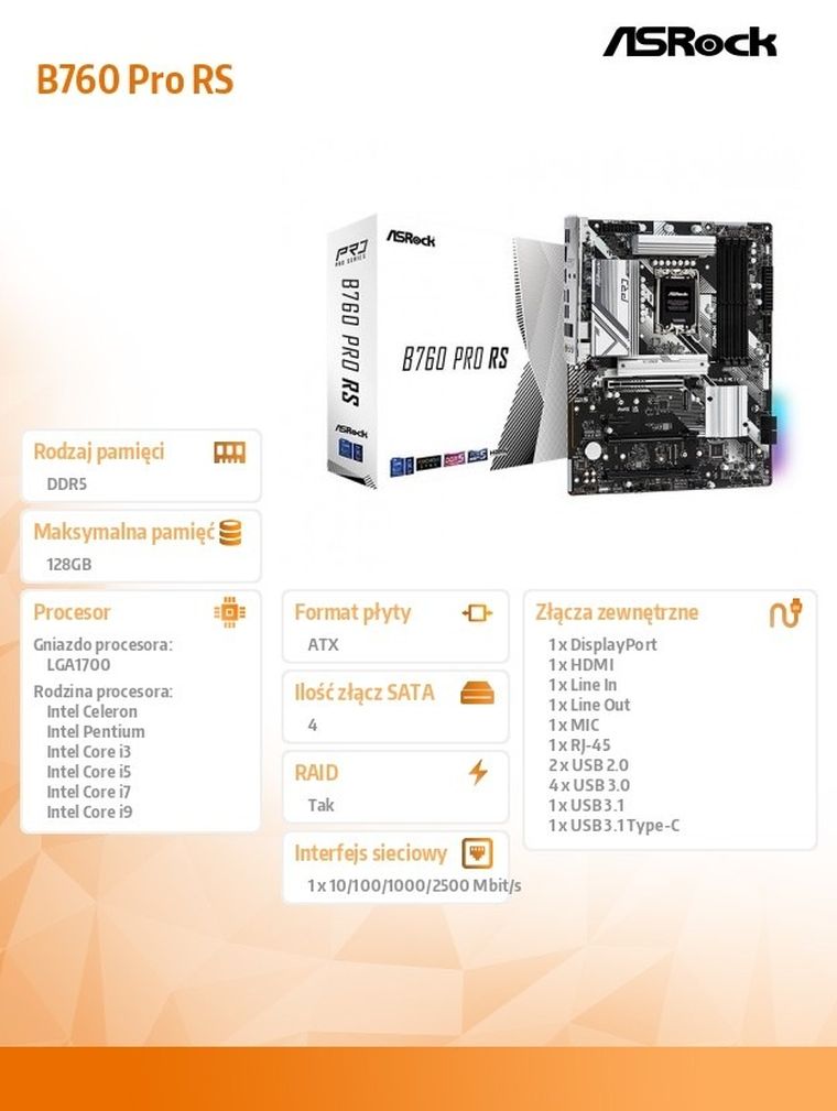 ASRock, płyta główna, B760 Pro RS s1700 4DDR5 DP/HDMI/eDP M.2 ATX