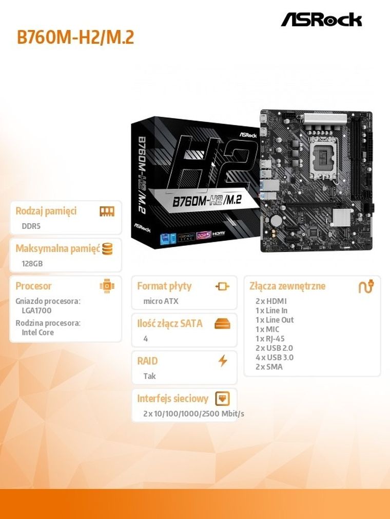 ASRock, płyta główna, B760M-H2/M.2 s1700 2DDR5 DP/HDMI mATX