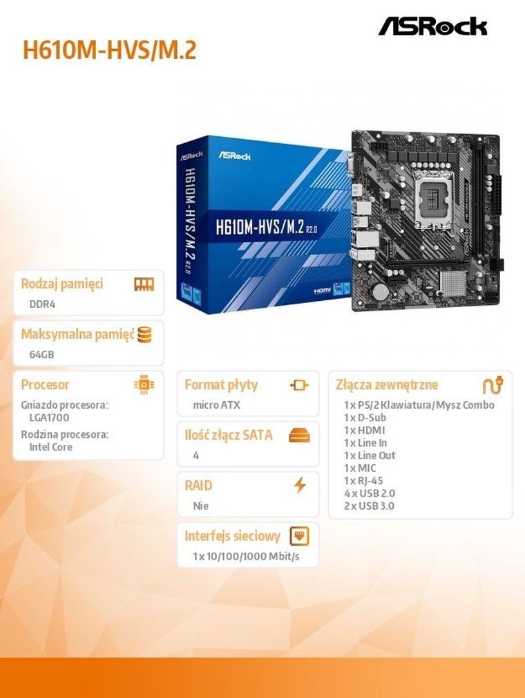 ASRock, płyta główna, H610M-HVS/M.2 R2.0 s1700 2DDR4 D-Sub/HDMI mATX