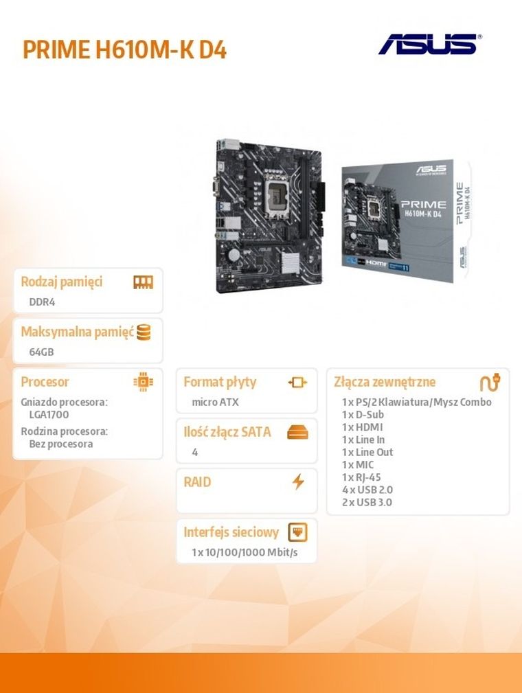 Asus, płyta główna, PRIME H610M-K D4 s1700 2DDR4 D-Sub/HDMI M.2 mATX