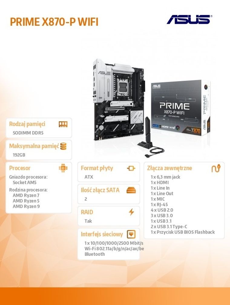 Asus, płyta główna, PRIME X870-P WIFI AM5 4 DDR5 HDMI/USB-C