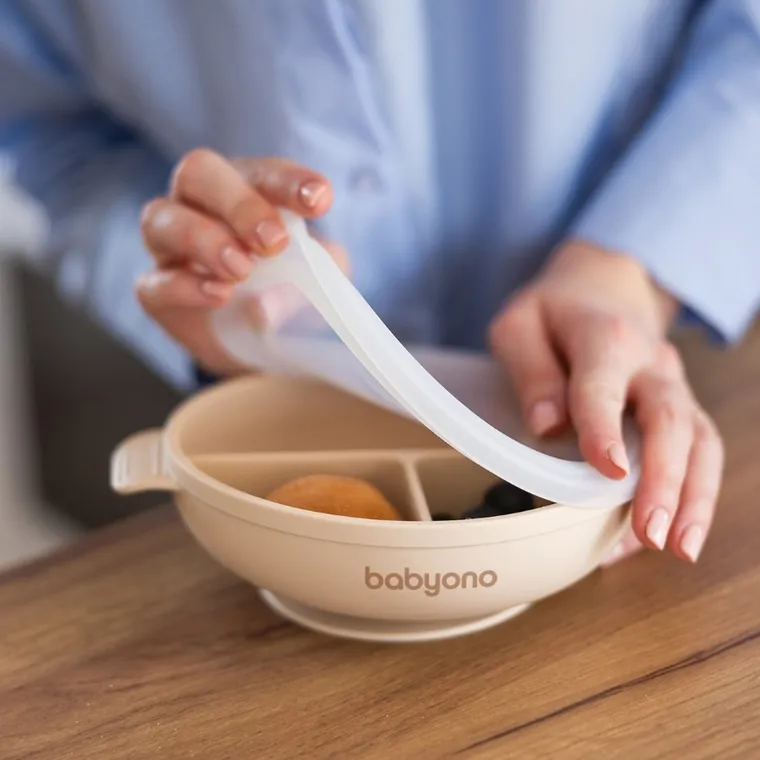 BabyOno, silikonowy talerzyk z przyssawką i przykrywką, beżowy