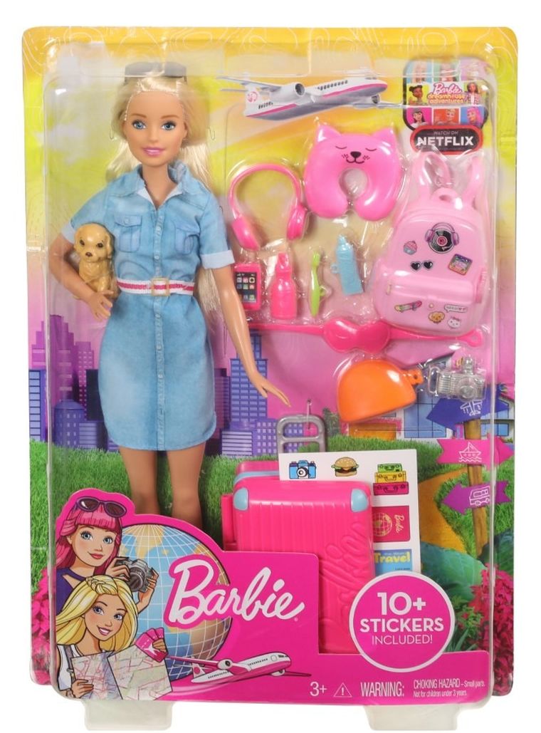 Barbie, Barbie w podróży, lalka z akcesoriami i naklejkami