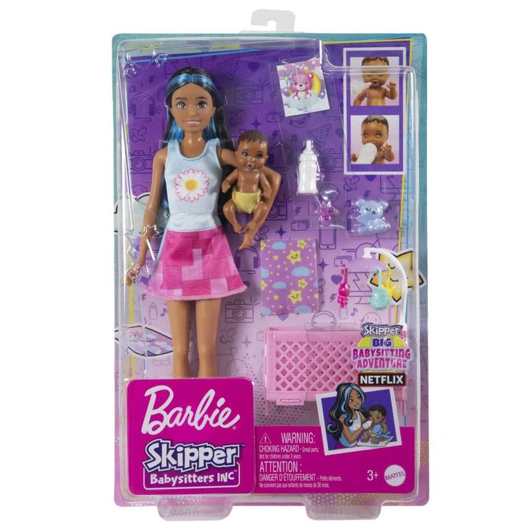 Barbie, Opiekunka, Usypianie maluszka, zestaw z lalką Skipper i bobasem, niebieskie pasemka