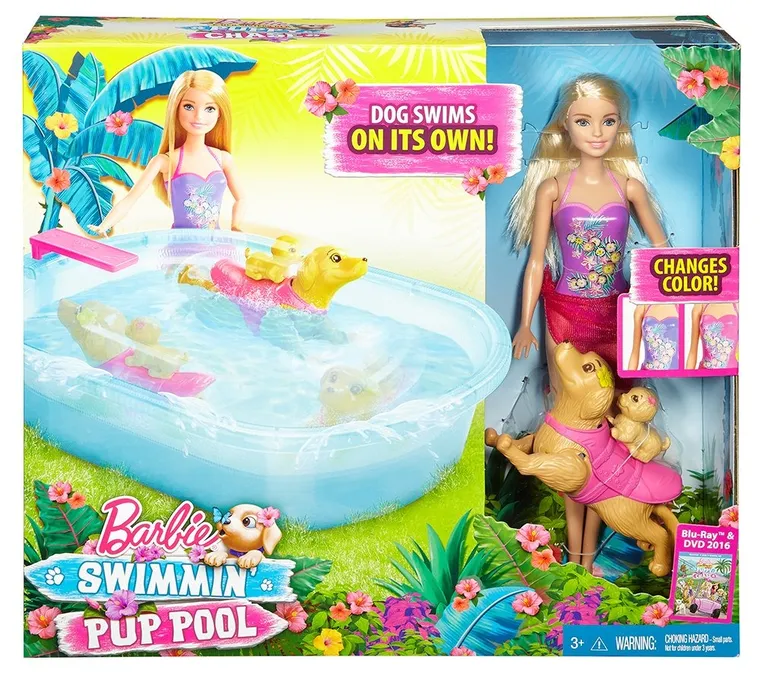Barbie, Pływający piesek, lalka z akcesoriami