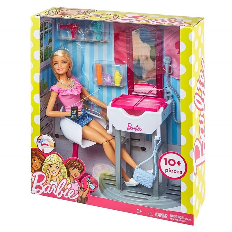 Barbie, Salon fryzjerski, zestaw z lalką i akcesoriami