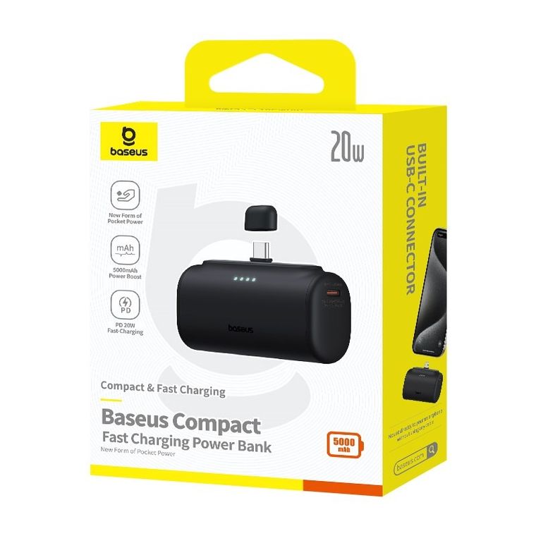Baseus, powerbank, Compact, 5000mAh, USB-C, czarny