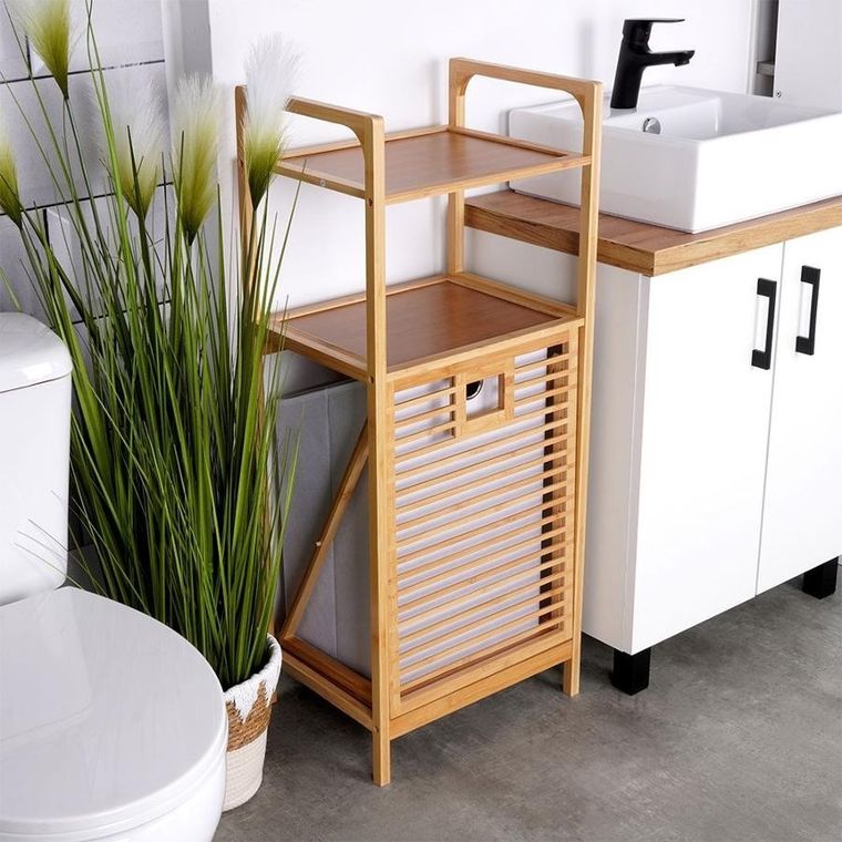 Bathroom Solutions, regał łazienkowy z koszem na pranie, bambusowy