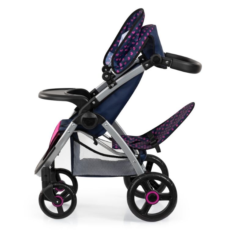 Bayer Design, Jogger Duo, bliźniaczy wózek dla lalek z torbą, granatowo-różówy z jednorożcem
