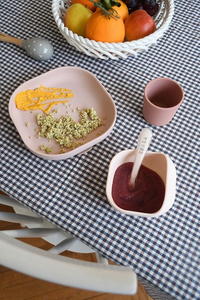 Beaba, komplet naczyń z silikonu z przyssawką, cotton candy