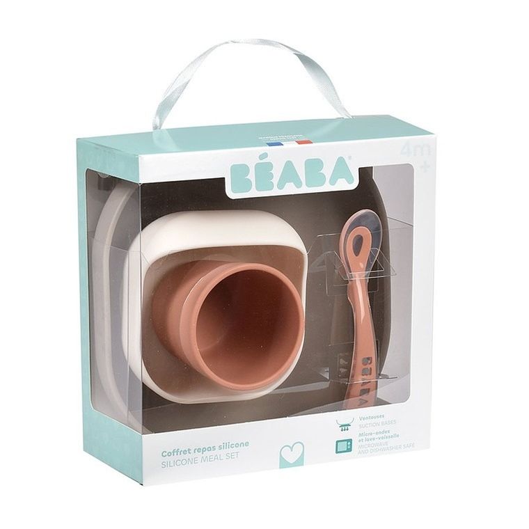 Beaba, komplet naczyń z silikonu z przyssawką, terracotta