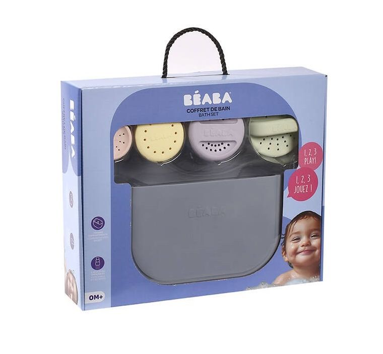Beaba, silikonowy zestaw do kąpieli: zabawki Mint/multi colors i kosz do przechowywania Pebble