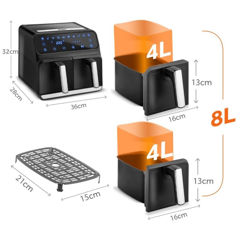 Berdsen, frytkownica beztłuszczowa, air fryer, czarno-srebrna, 8l, BD-653