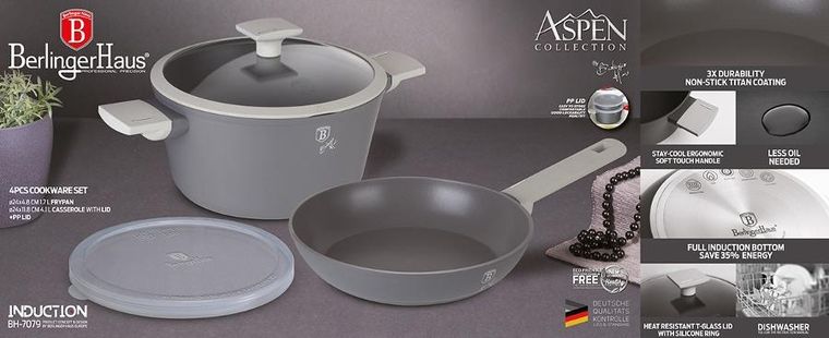 Berlinger Haus, Aspen, zestaw: garnek z pokrywą + patelnia tytanowa, 4 elementy