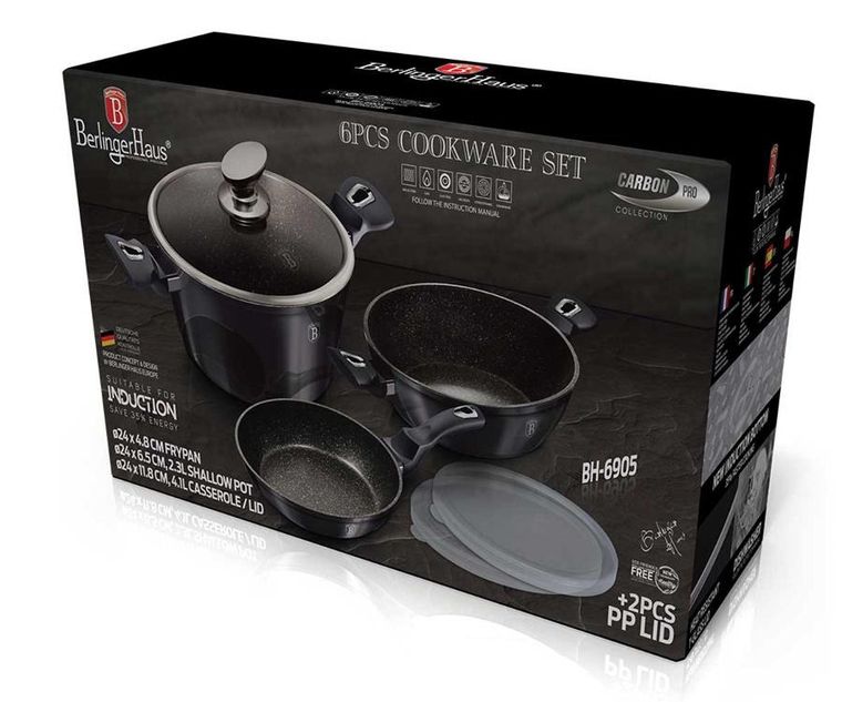 Berlinger Haus, Carbon Pro, zestaw: garnki z pokrywą + patelnie, 6 elementów