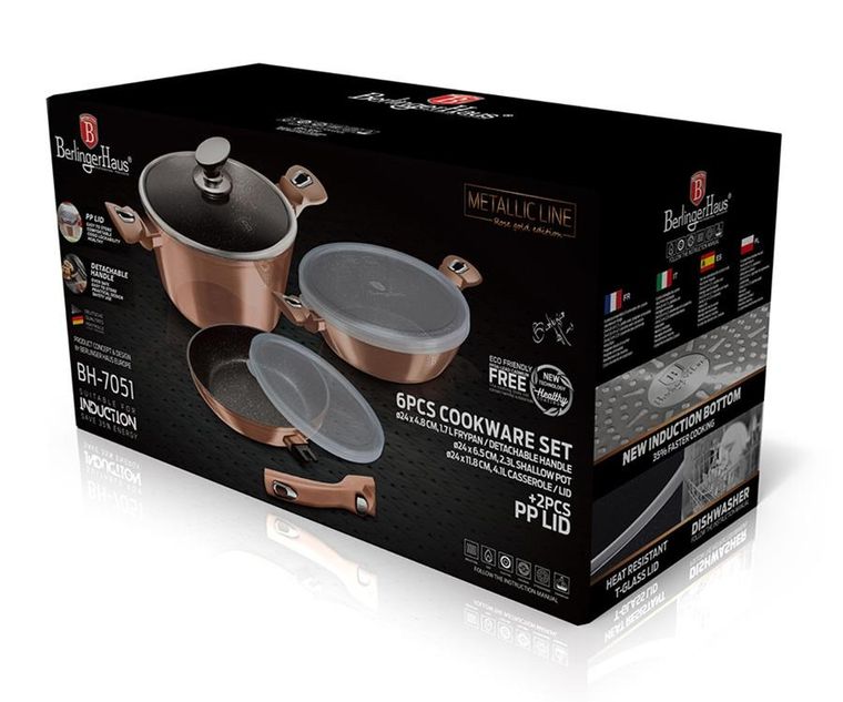 Berlinger Haus, Rose Gold, zestaw: garnki granitowye z pokrywą + patelnie, 6 elementów