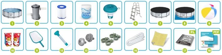 Bestway, basen stelażowy z pompą filtrującą i akcesoriami, okrągły, 107-457 cm, zestaw 18w1