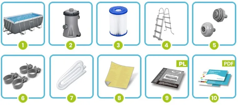 Bestway, basen stelażowy z pompą filtrującą i akcesoriami, prostokątny, 412-201-122 cm, zestaw 11w1