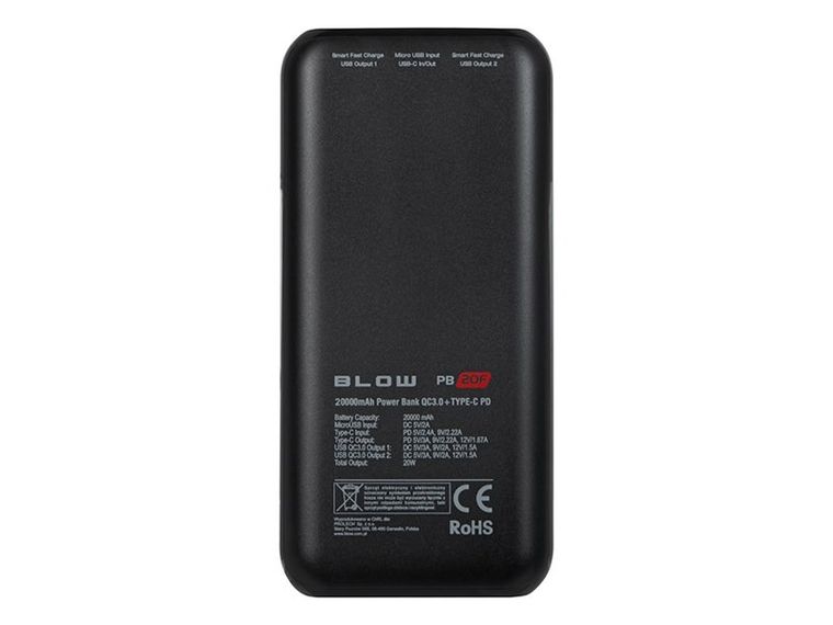 Blow, power bank, czarny, 20000MAH, 20W, PB20F