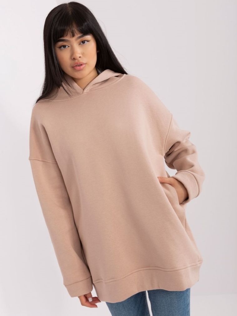 Bluza damska z kapturem, oversize, beżowa, Basic Feel Good