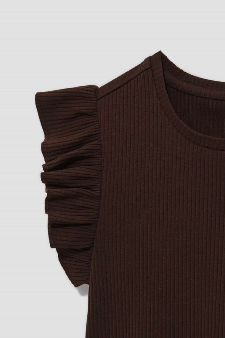 Bluzka damska z krótkim rękawem, prążkowana, brązowa, Moodo