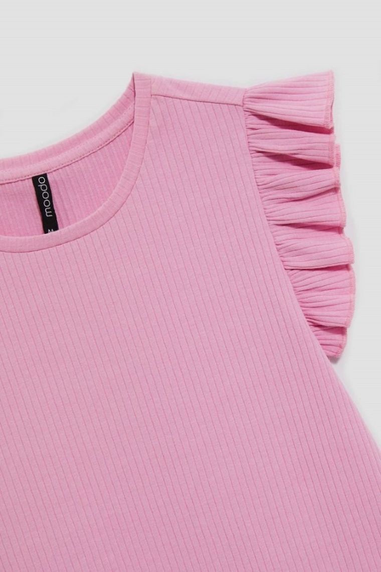 Bluzka damska z krótkim rękawem, prążkowana, różowa, Moodo