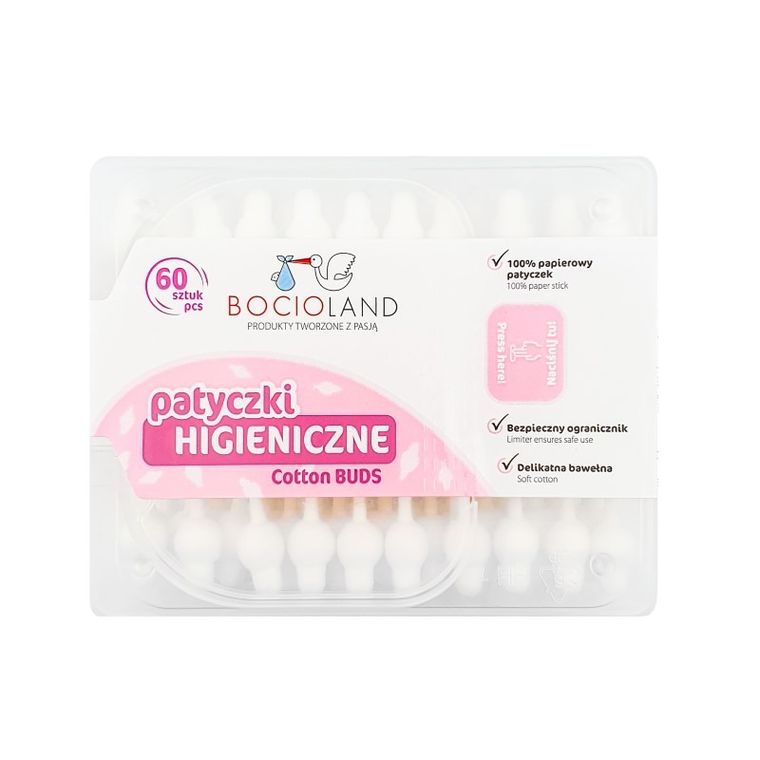 Bocioland, bawełniane patyczki do uszu z ogranicznikiem, 60 szt.