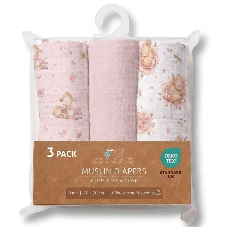 Bocioland, pieluszki muślinowe, marszczone, różowe, 70-70 cm, 3 szt.