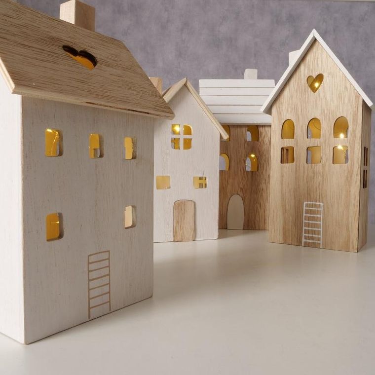 Boltze Home, drewniana dekoracja z oświetleniem, 2 domy, Aldea